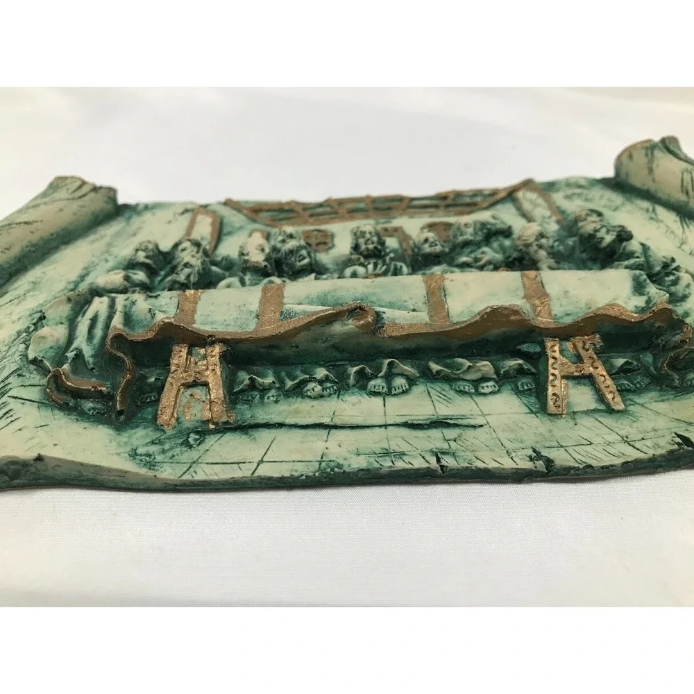 Vintage Last Supper 3D Relief Wall Plaque Scroll Design Teal Gold Religious Art